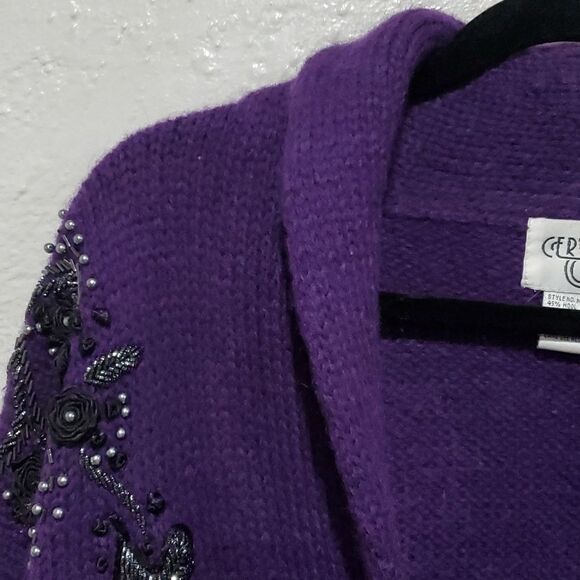 Vintage Cervlle Wool Cardogan Dister with Beading & Rose's in Purple Size M - Picture 2 of 15